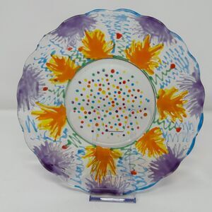 Handmade Fused Art Glass Plate Vibrant Confetti & Floral Design 9" Scallope Edge